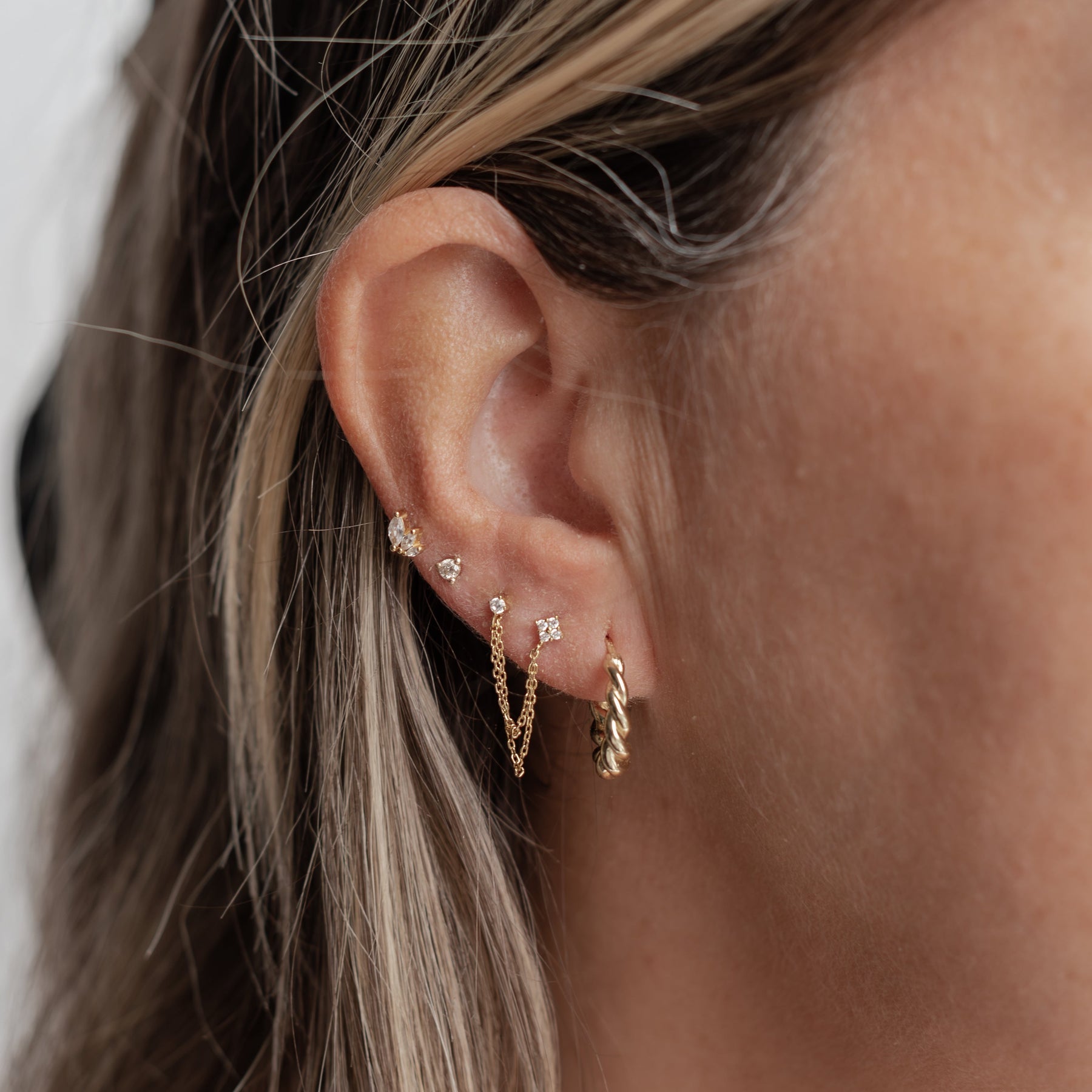 Mixed Shape Stud with Chain Earring - Single