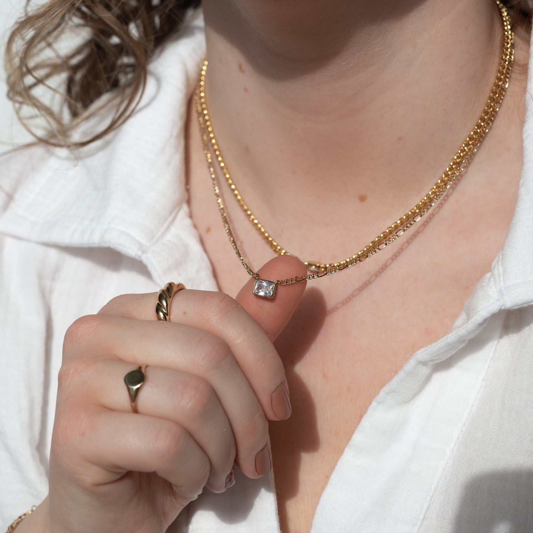 Baguette Bezel on Figaro Chain Necklace