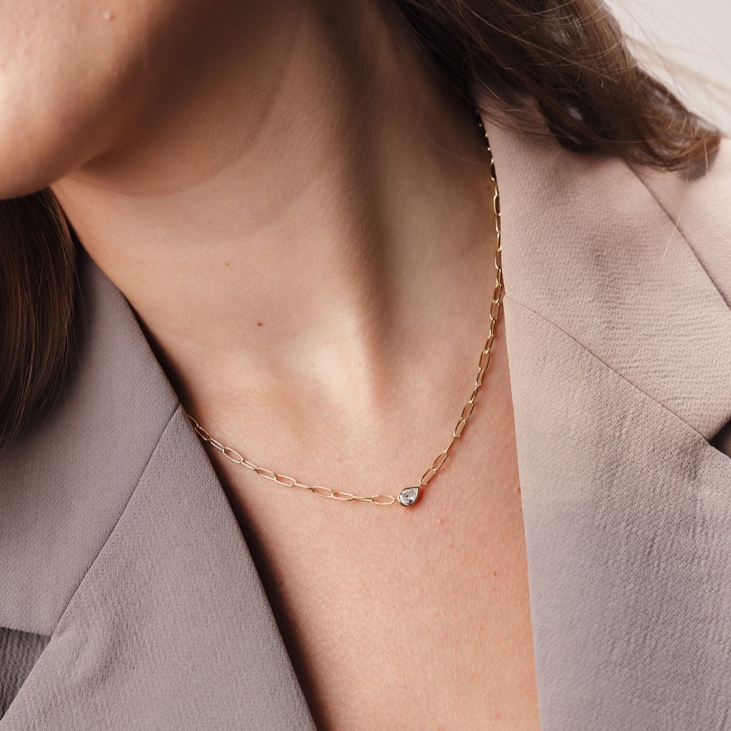 Pear Bezel on Paperclip Chain Necklace