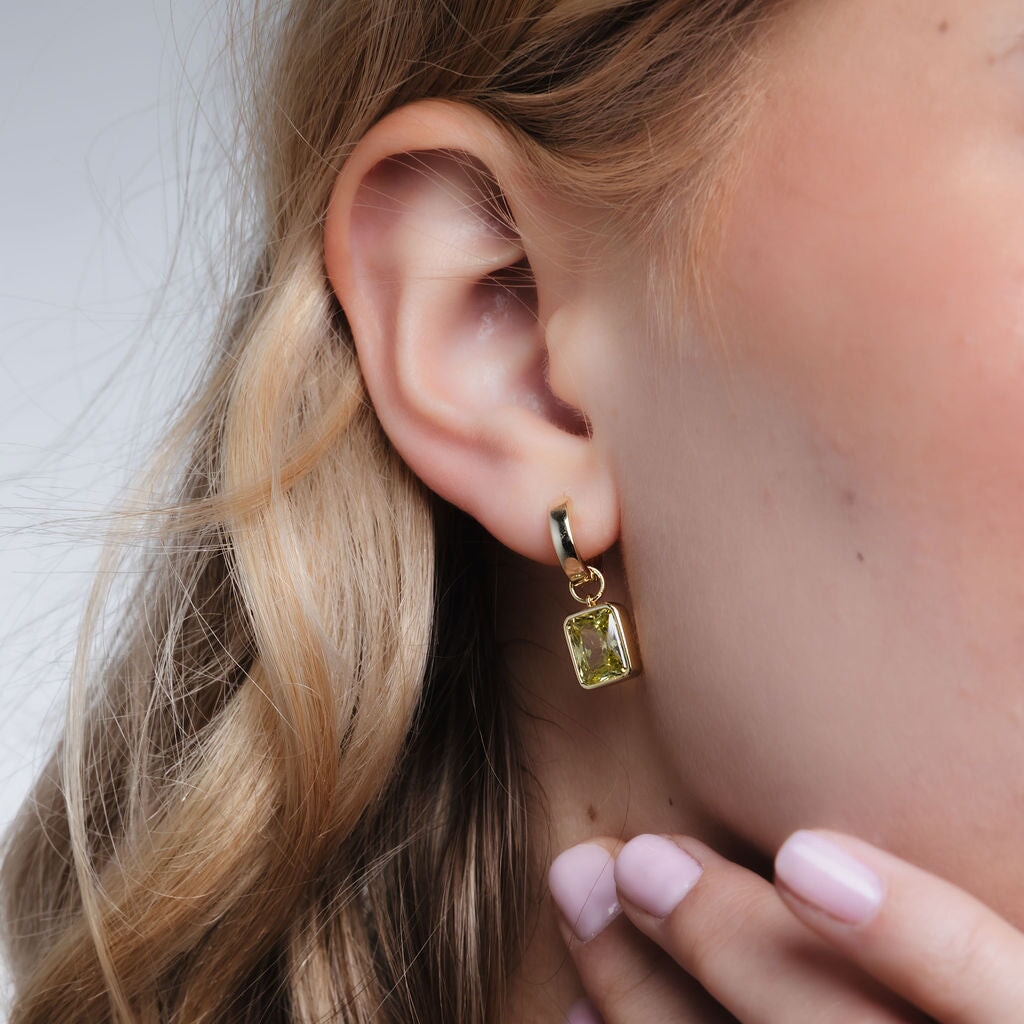 Bezel-Set Rectangle Drop Hoops - Light Green