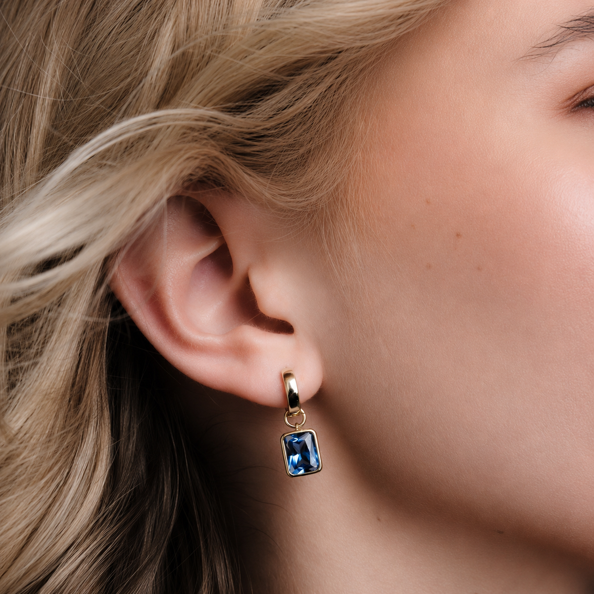 Bezel-Set Rectangle Drop Hoops - Blue