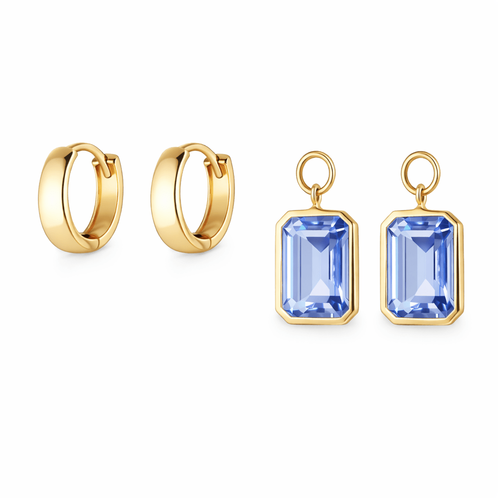 Bezel-Set Rectangle Drop Hoops - Blue