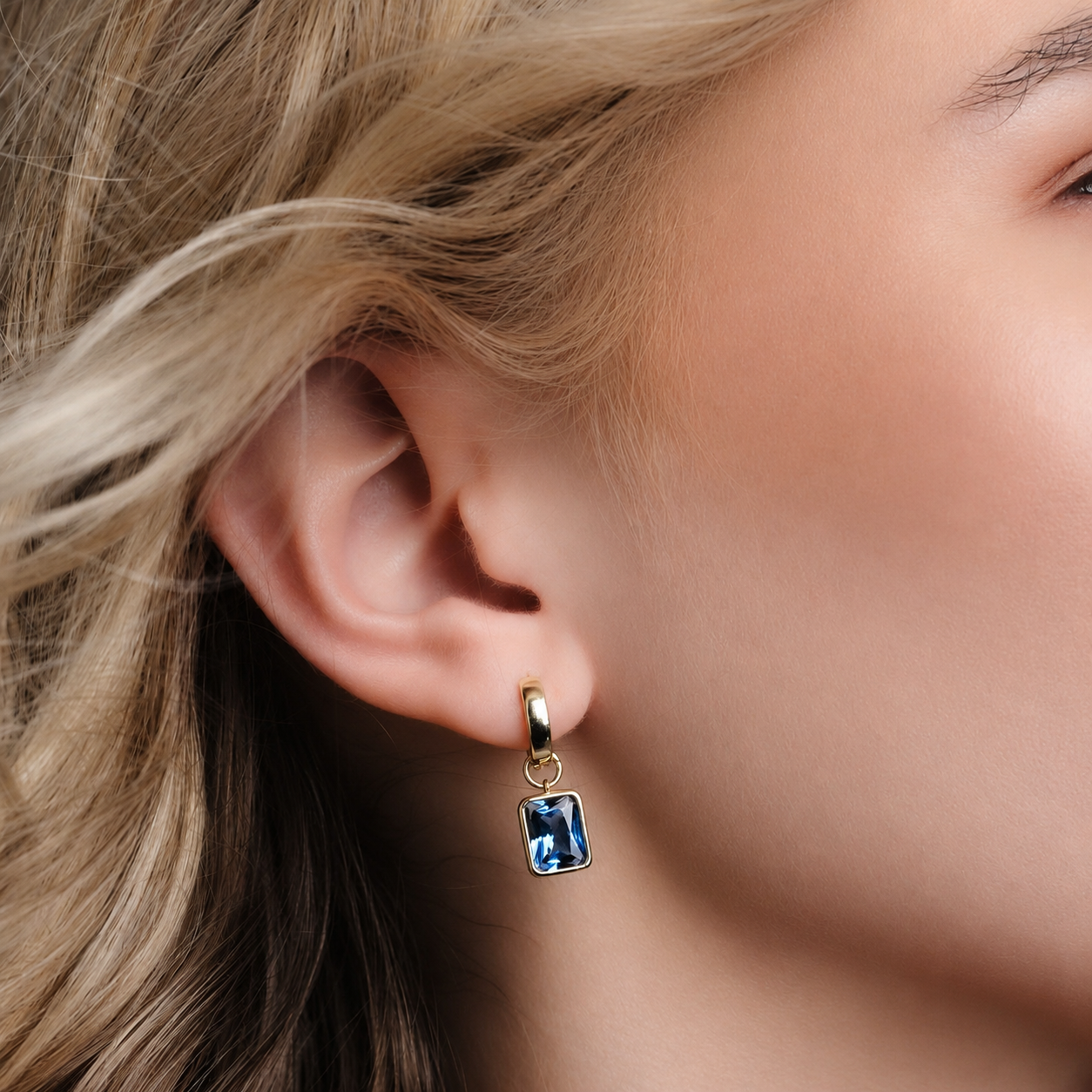 Bezel-Set Rectangle Drop Hoops - Blue