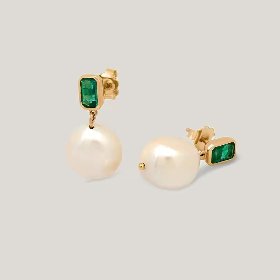 Pearl Drop Emerald Stud Earrings