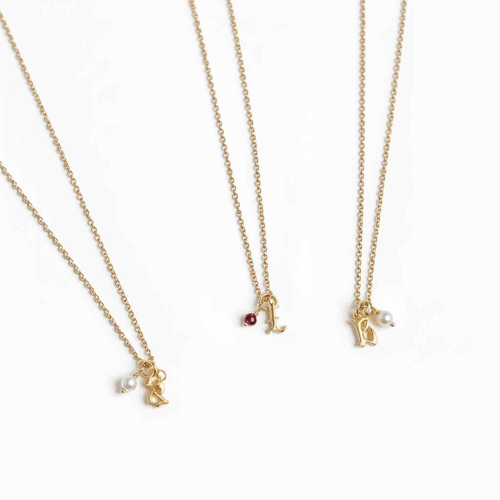 Gold Petite Gothic letter + Birthstone Necklace