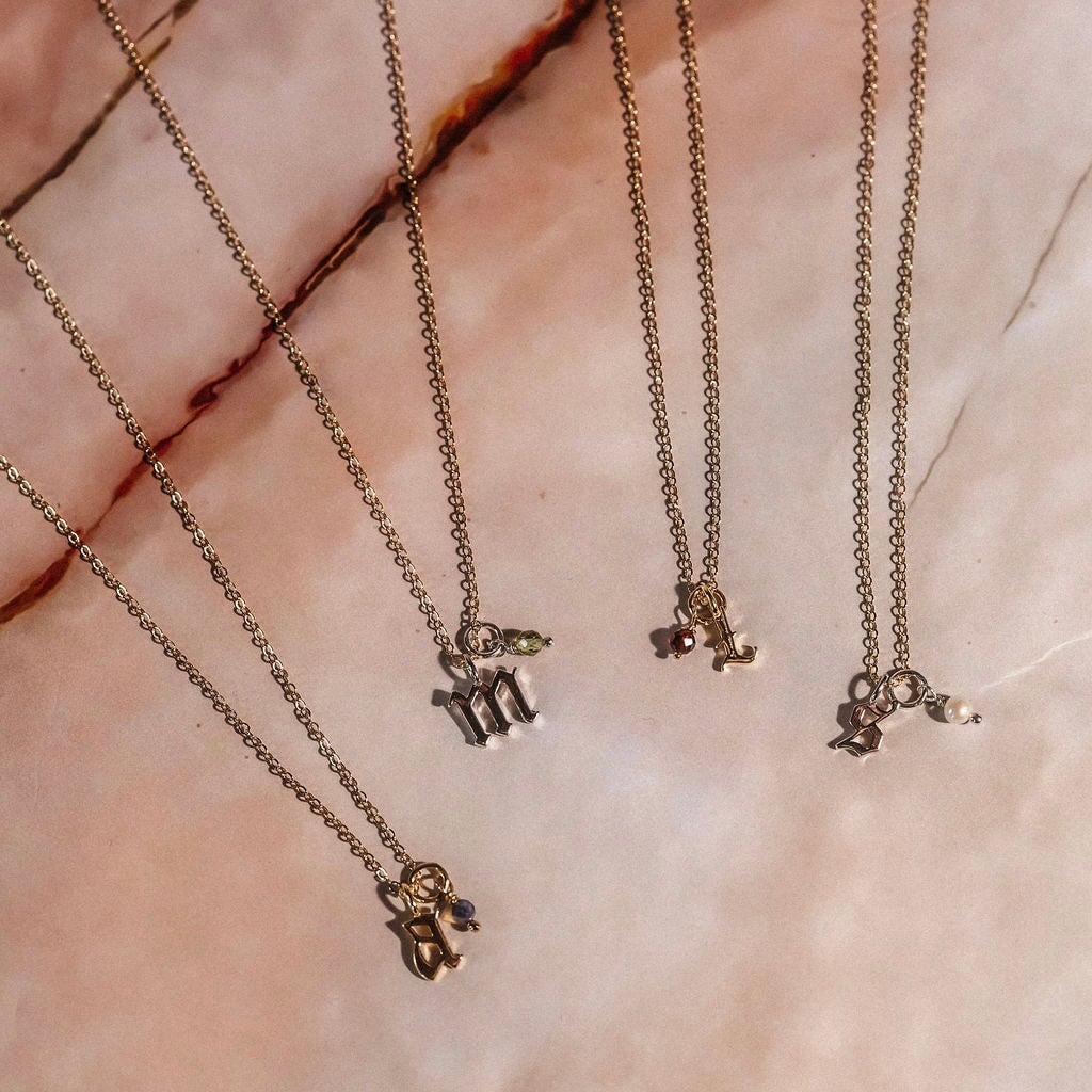 Gold Petite Gothic letter + Birthstone Necklace