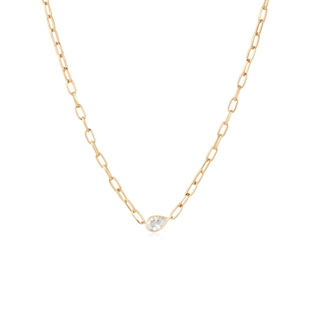 Pear Bezel on Paperclip Chain Necklace