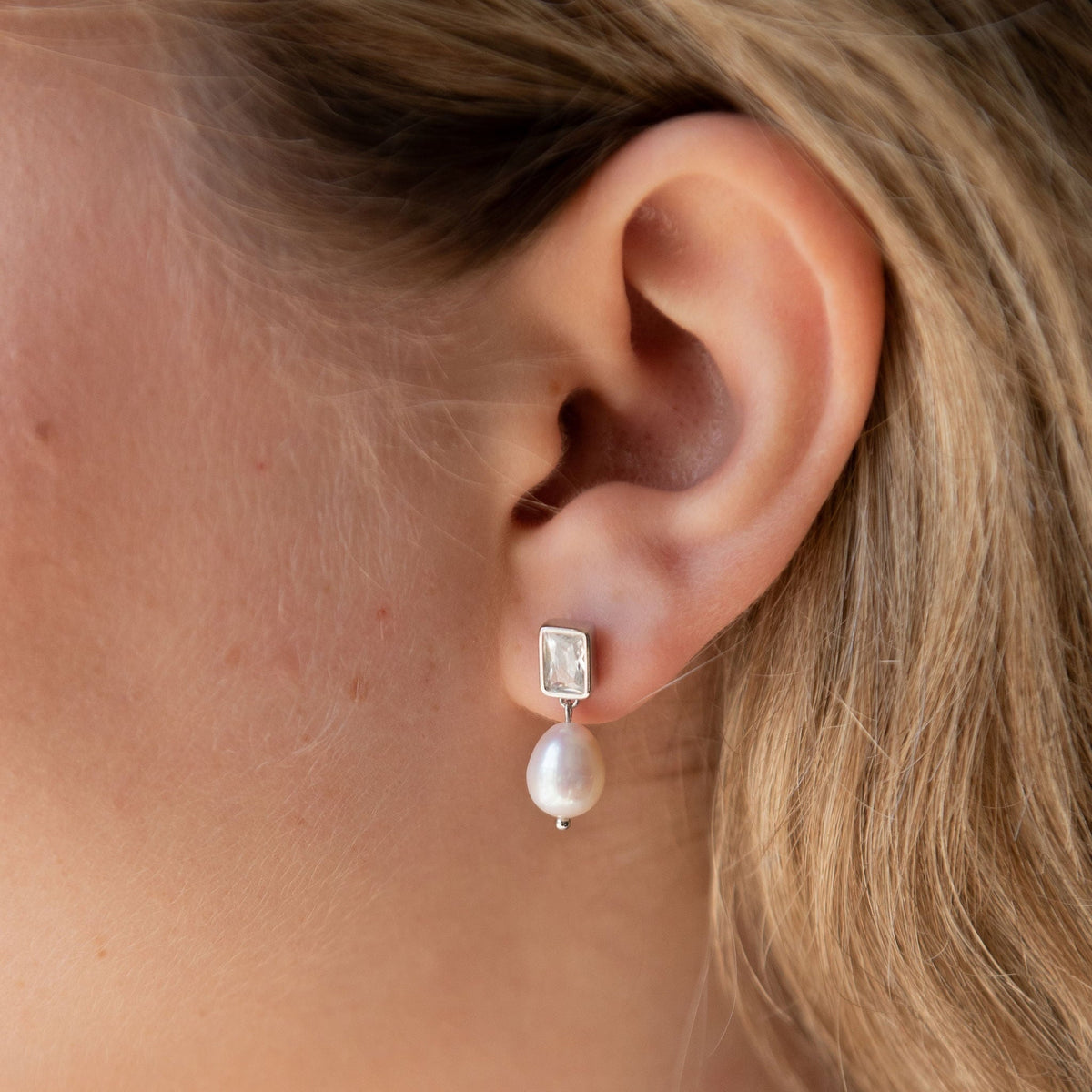 Pearl Drop Bezel Set Stud Earrings
