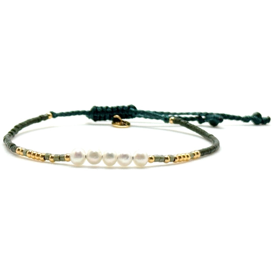 Cypress Green Bead and Pearl Thin Woven  Bracelet