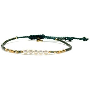 Cypress Green Bead and Pearl Thin Woven  Bracelet