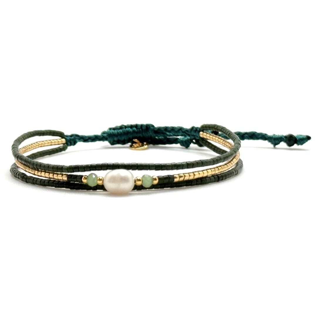 Cypress Green Layered Pearl and Woven Bead Bracelet