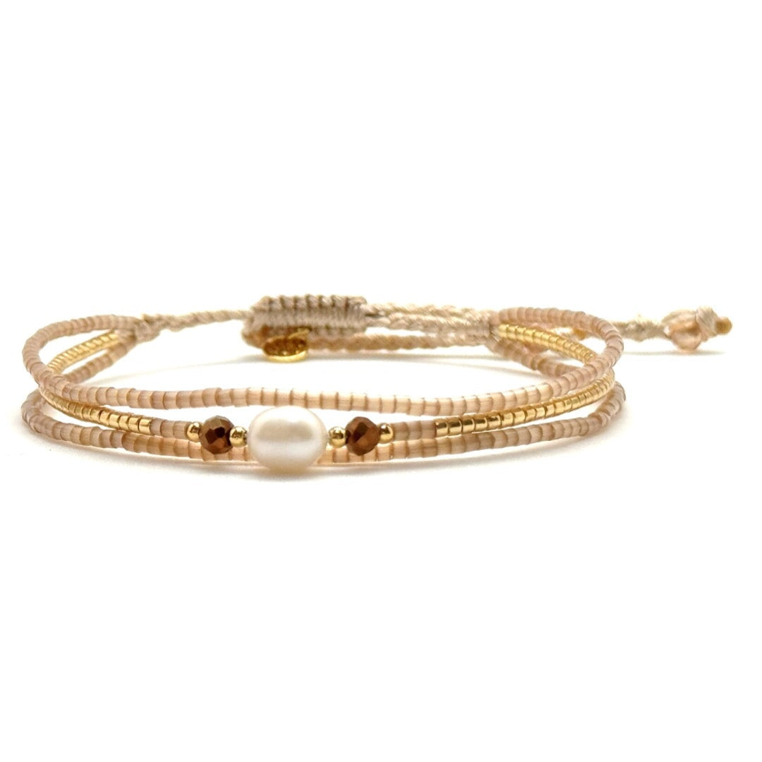 Mocha Beige Layered Pearl and Woven Bead Bracelet