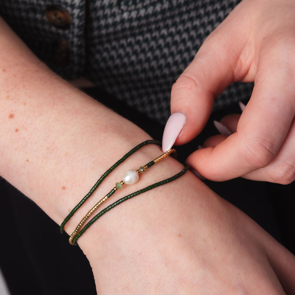 Cypress Green Layered Pearl and Woven Bead Bracelet