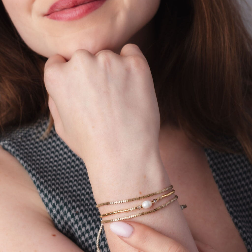 Jasmin Honey Layered Pearl and Woven Bead Bracelet