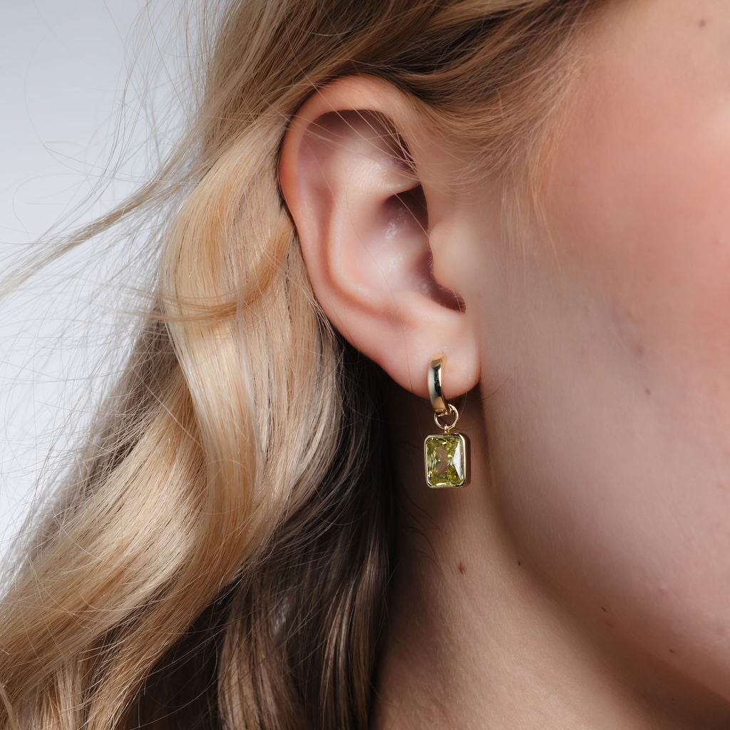 Bezel-Set Rectangle Drop Hoops - Light Green