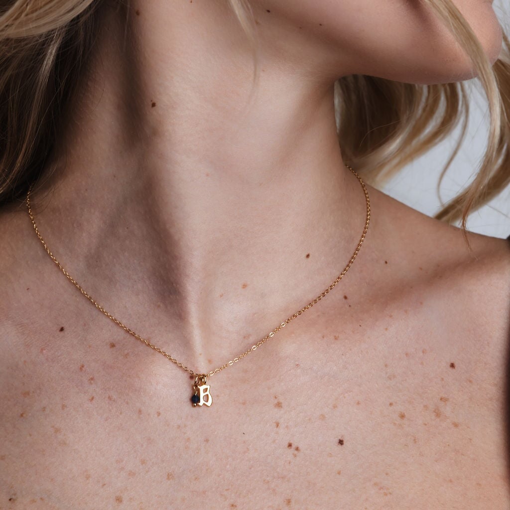 Gold Petite Gothic letter + Birthstone Necklace