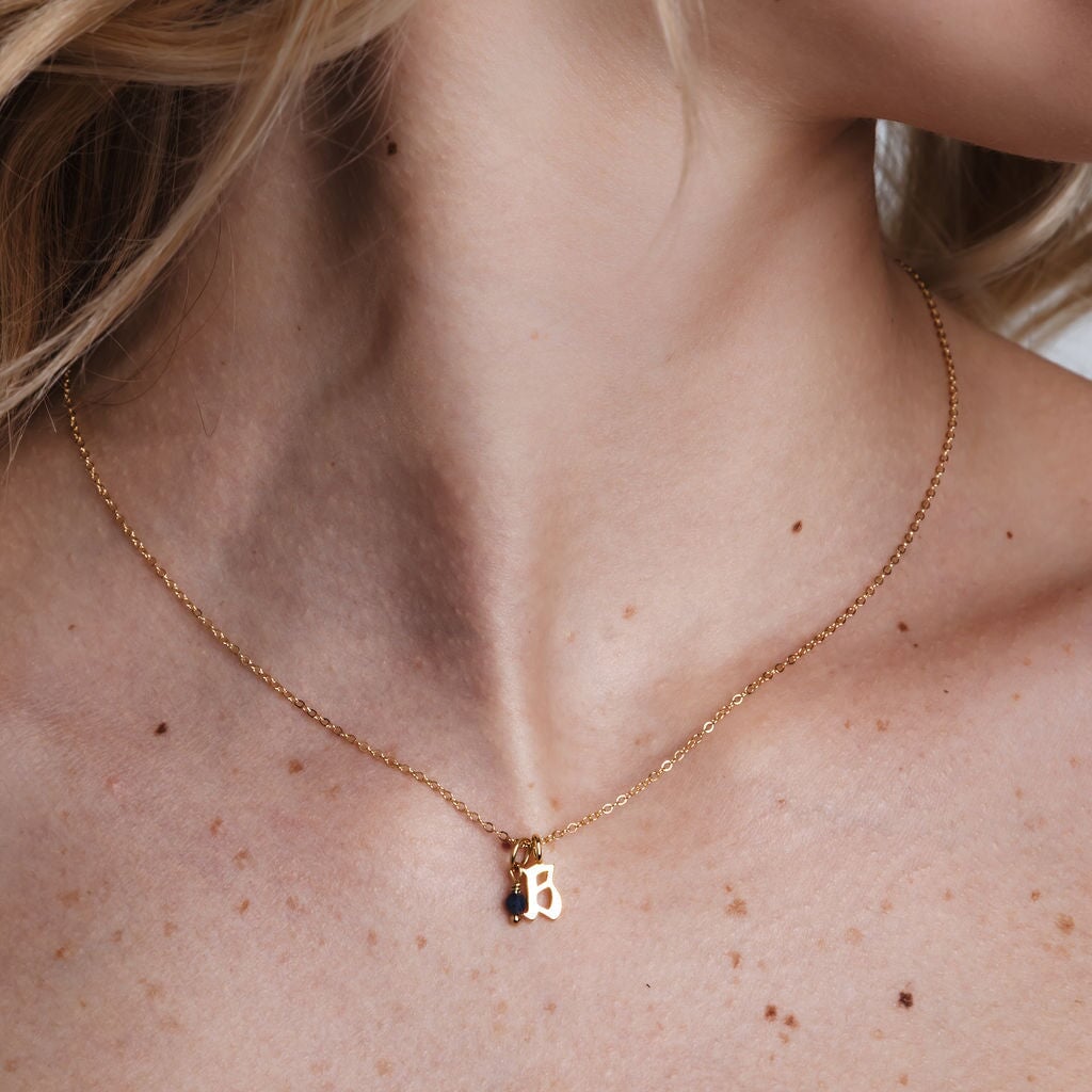 Gold Petite Gothic letter + Birthstone Necklace