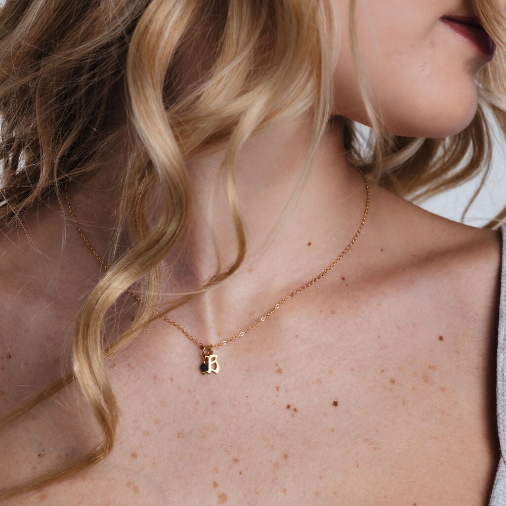 Gold Petite Gothic letter + Birthstone Necklace