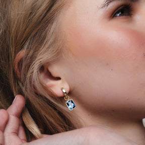 Bezel-Set Rectangle Drop Hoops - Blue